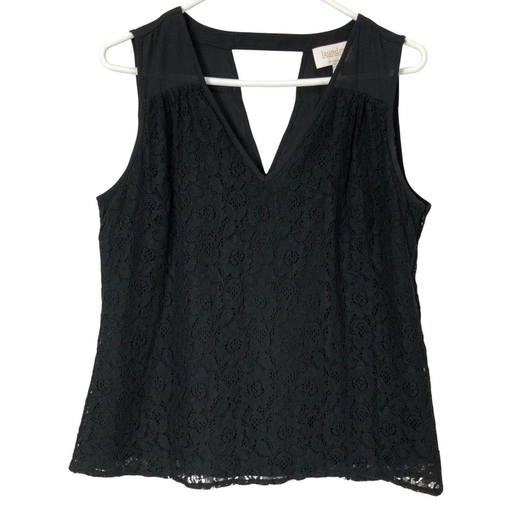 Laundry by Shelli Segal Black Lace Top S Side Zip V-Neck Sleeveless Cutout Back